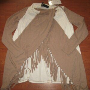 SERENA WILLIAMS Colorblock Fringe Wrap Top Cream & Taupe Brown XS S Boho Peasant